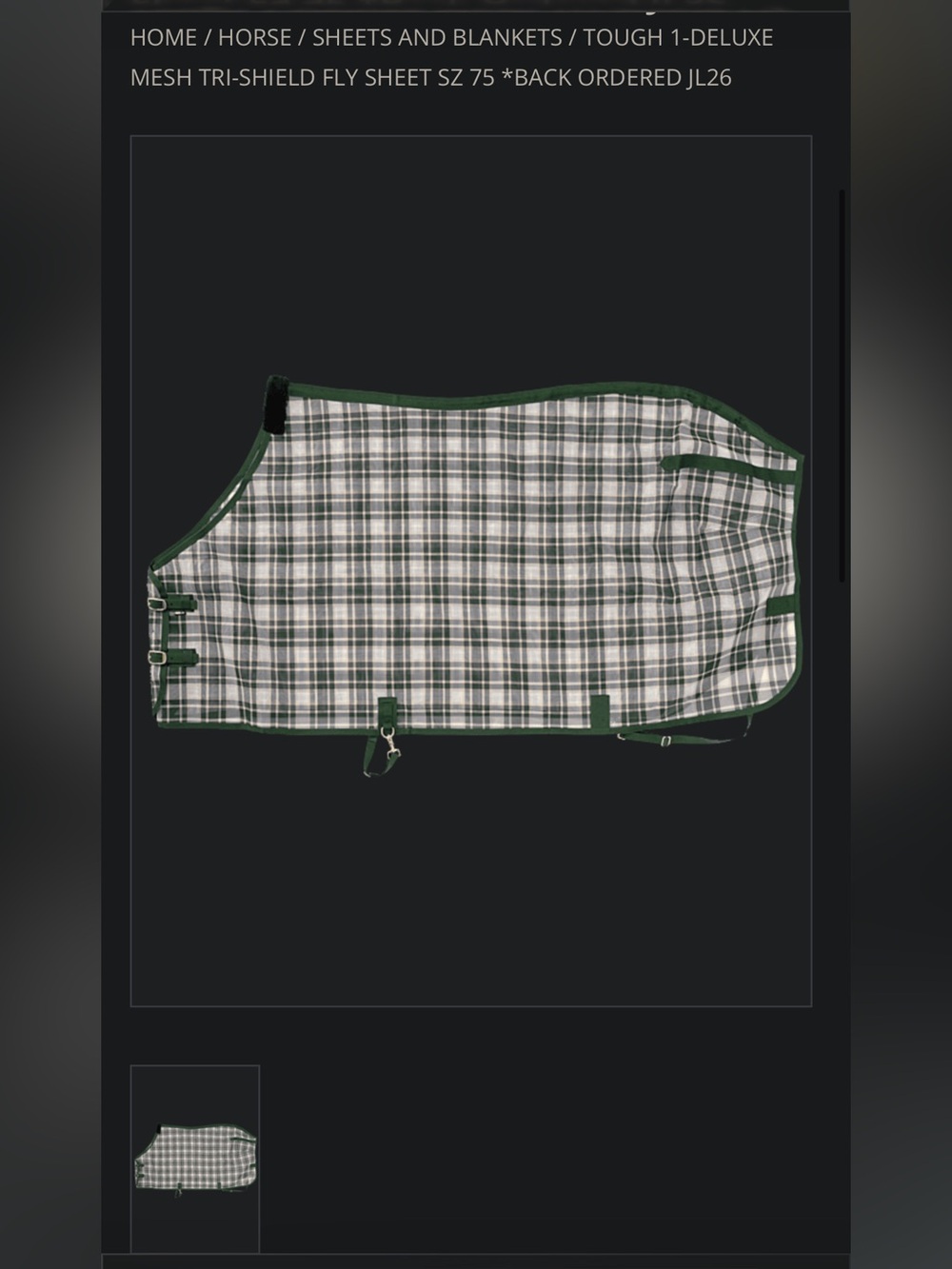 Horse Fly Blanket - Tough 1 Plaid Size 74 Equine Fly Sheet